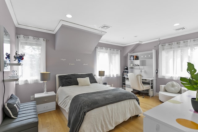 42 Woodledge Rd, Stamford, CT 06907 - bedroom featuring multiple windows, an office area, light wood-type flooring, crown molding, and recessed lighting