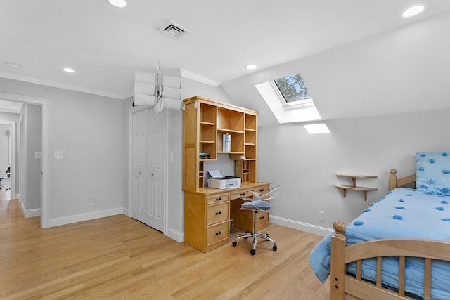 42 Woodledge Rd, Stamford, CT 06907 - bedroom with a skylight, light wood-style floors, ornamental molding, recessed lighting, and a desk