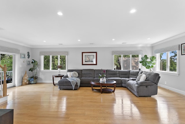 42 Woodledge Rd, Stamford, CT 06907 - living area featuring recessed lighting, light wood-style flooring, and ornamental molding
