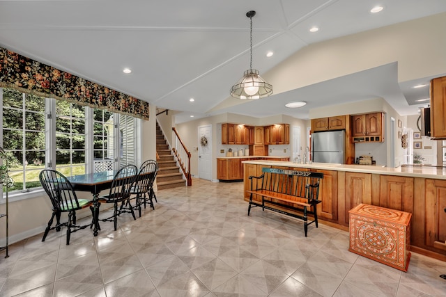 87 Falcon Crest Rd, Middlebury, CT 06762 - dining room featuring recessed lighting, stairway, and high vaulted ceiling