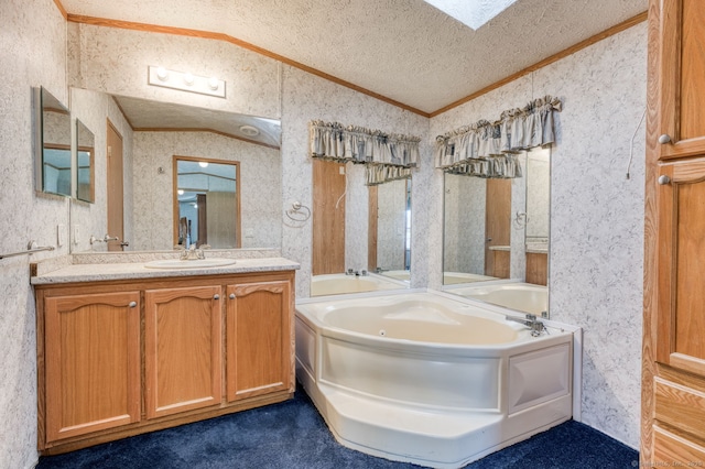 107 Lions Way, Windham, CT 06256 - bathroom with lofted ceiling, crown molding, vanity, wallpapered walls, and a jetted tub