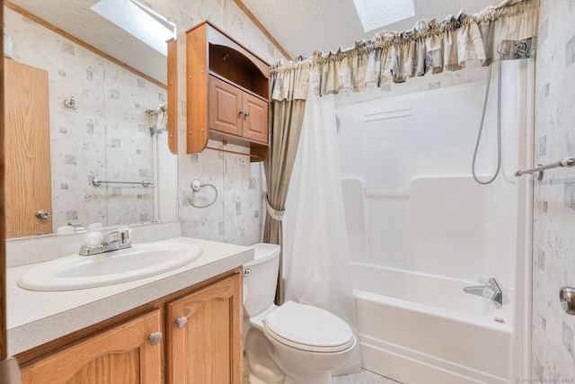 107 Lions Way, Windham, CT 06256 - bathroom with wallpapered walls, toilet, a skylight, vanity, and shower / bath combo