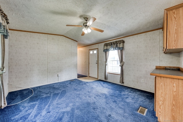 107 Lions Way, Windham, CT 06256 - unfurnished living room with a ceiling fan, ornamental molding, carpet floors, lofted ceiling, and a textured ceiling