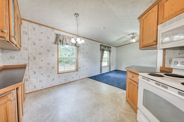 107 Lions Way, Windham, CT 06256 - kitchen featuring white appliances, crown molding, a chandelier, ceiling fan, and wallpapered walls