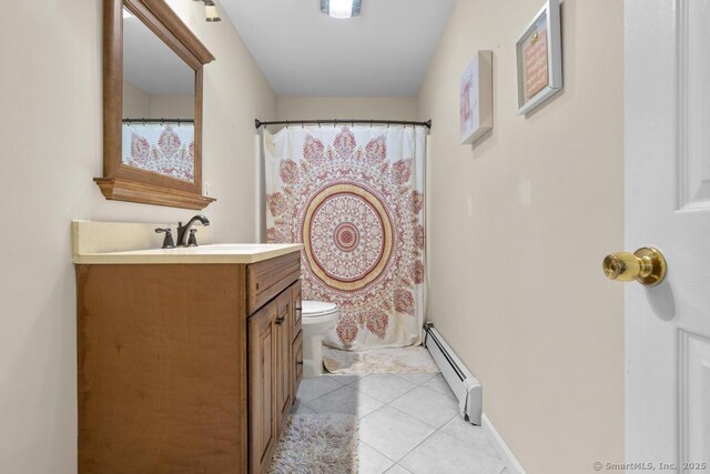 17 Raven Crest Dr, Bethel, CT 06801 - bathroom with baseboard heating, vanity, toilet, tile patterned flooring, and a shower with curtain