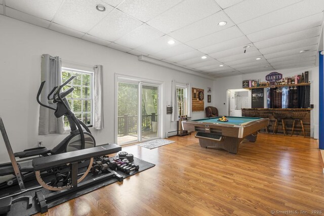 17 Raven Crest Dr, Bethel, CT 06801 - rec room featuring billiards table, a dry bar, light wood-style floors, baseboard heating, and recessed lighting