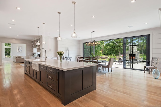 300 Hollow Tree Ridge Rd, Darien, CT 06820 - kitchen featuring a sink, light countertops, dark brown cabinets, light wood finished floors, and open floor plan