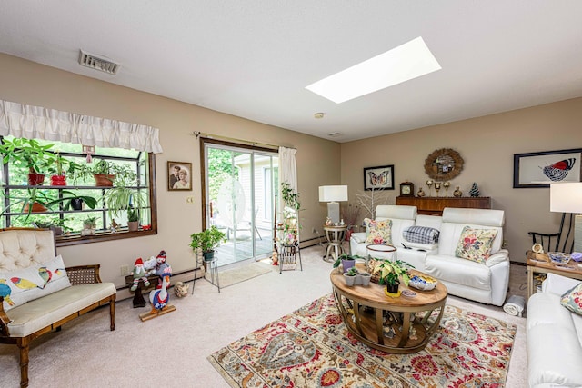 34 Cedar Rock Rd, Woodbridge, CT 06525 - carpeted living area featuring a skylight and a baseboard radiator