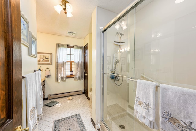 34 Cedar Rock Rd, Woodbridge, CT 06525 - full bath featuring a baseboard radiator, a stall shower, vanity, tile patterned flooring, and toilet