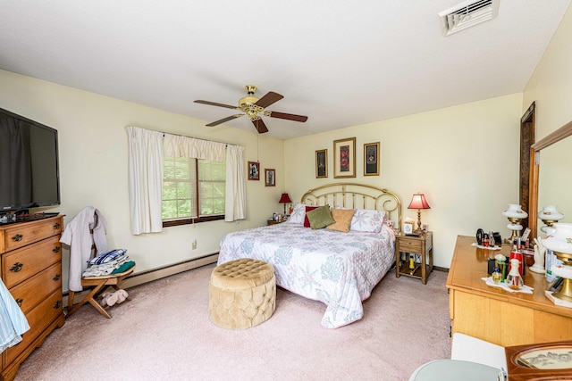 34 Cedar Rock Rd, Woodbridge, CT 06525 - bedroom with light colored carpet, a baseboard heating unit, ceiling fan, and baseboards
