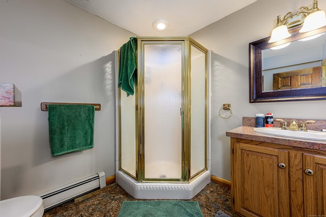 34 Cedar Rock Rd, Woodbridge, CT 06525 - bathroom featuring a baseboard radiator, a stall shower, vanity, toilet, and baseboards