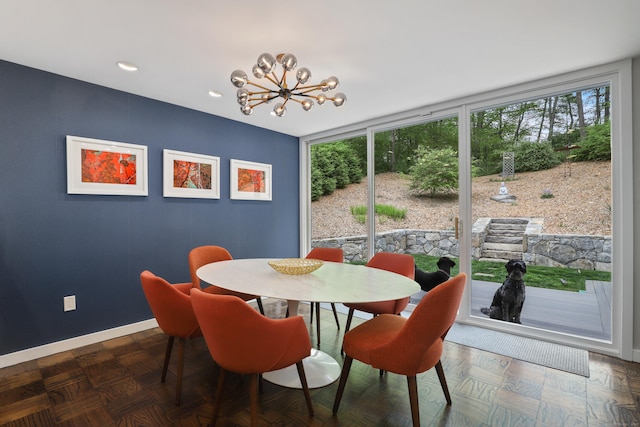 99 High Ridge Rd, Pound Ridge, NY 10576 - dining area featuring a chandelier, baseboards, and recessed lighting