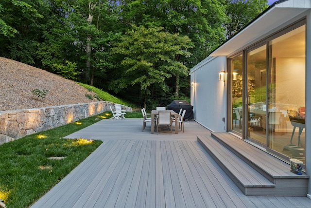 99 High Ridge Rd, Pound Ridge, NY 10576 - wooden deck featuring outdoor dining space and a lawn