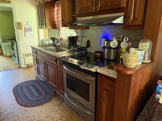 789 Tuttle Ave, Hamden, CT 06518 - kitchen featuring a sink, ventilation hood, stainless steel range with electric stovetop, tasteful backsplash, and radiator