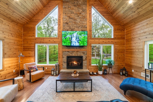 732 Hulls Hill Rd, Southbury, CT 06488 - living area with high vaulted ceiling, healthy amount of natural light, wooden ceiling, wood walls, and a stone fireplace