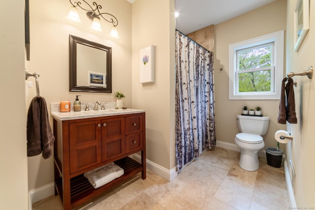 732 Hulls Hill Rd, Southbury, CT 06488 - bathroom with toilet, vanity, baseboards, and curtained shower