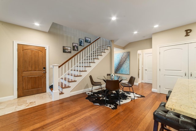 732 Hulls Hill Rd, Southbury, CT 06488 - foyer featuring stairs, recessed lighting, wood finished floors, and baseboards