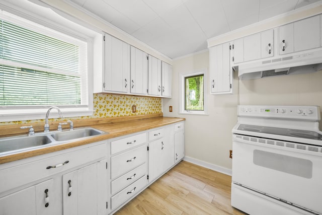 245 Riverside Ave, Torrington, CT 06790 - kitchen featuring white range with electric stovetop, under cabinet range hood, a sink, light wood-style flooring, and white cabinets