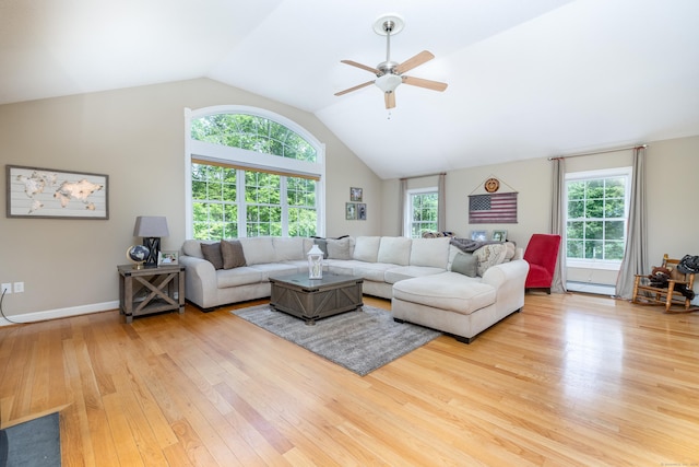 1382 Cedar Swamp Rd, Coventry, CT 06238 - living area featuring wood-type flooring, a baseboard radiator, a ceiling fan, vaulted ceiling, and baseboards