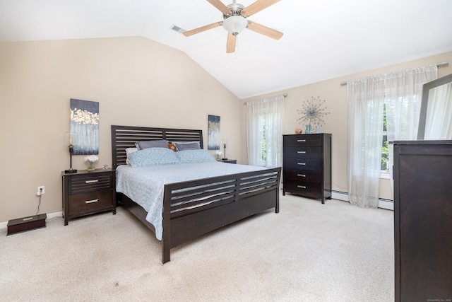 1382 Cedar Swamp Rd, Coventry, CT 06238 - bedroom with vaulted ceiling, light carpet, baseboard heating, a ceiling fan, and baseboards