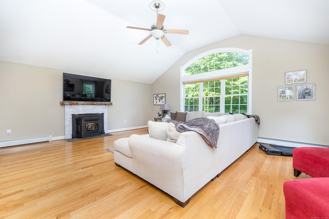 1382 Cedar Swamp Rd, Coventry, CT 06238 - living room with a baseboard heating unit, ceiling fan, lofted ceiling, and wood finished floors