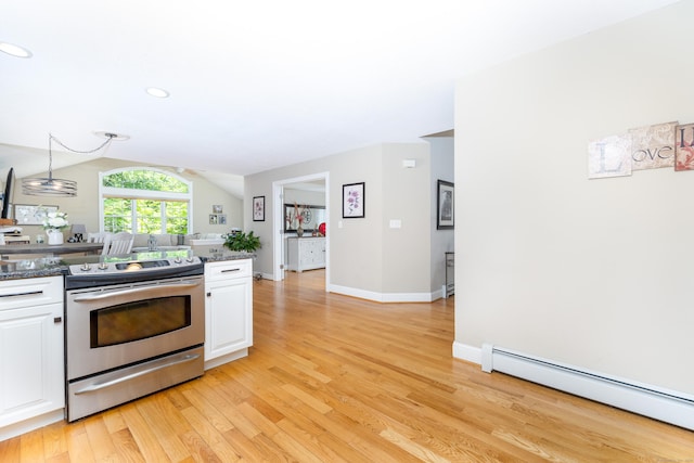 1382 Cedar Swamp Rd, Coventry, CT 06238 - kitchen featuring baseboard heating, white cabinetry, electric range, light wood-style flooring, and lofted ceiling