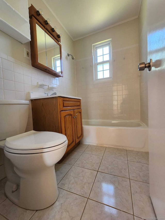 275 Texas Ave Unit D, Bridgeport, CT 06610 - bathroom featuring toilet, vanity, tile walls, tub / shower combination, and ornamental molding