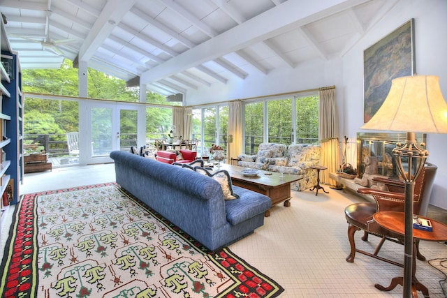 62 Wells Hill Rd, Weston, CT 06883 - carpeted living area with beamed ceiling, a ceiling fan, high vaulted ceiling, and french doors