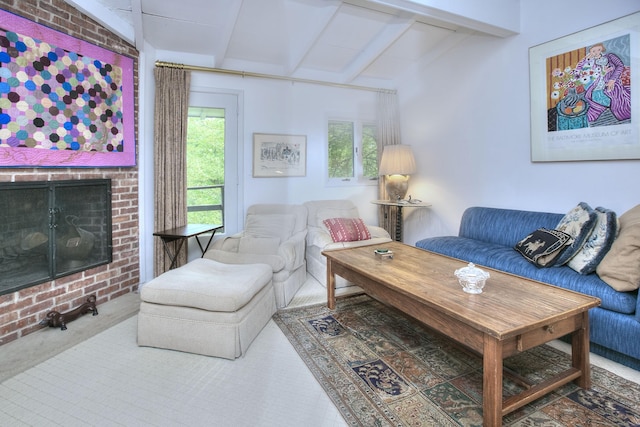 62 Wells Hill Rd, Weston, CT 06883 - living area featuring a brick fireplace, beam ceiling, and carpet floors
