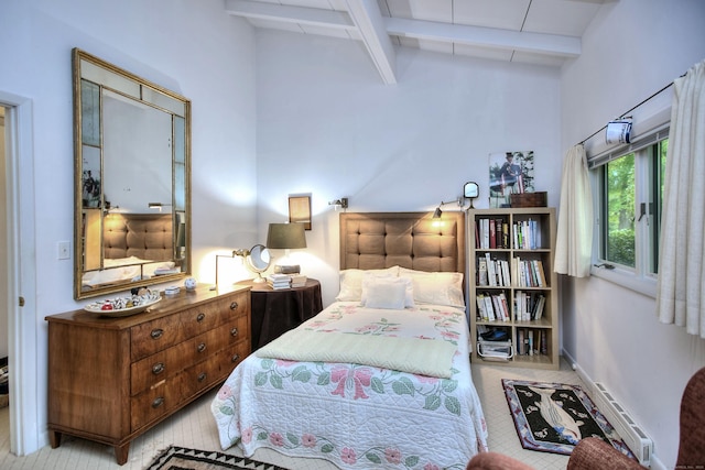 62 Wells Hill Rd, Weston, CT 06883 - bedroom featuring beam ceiling, a baseboard radiator, and a towering ceiling