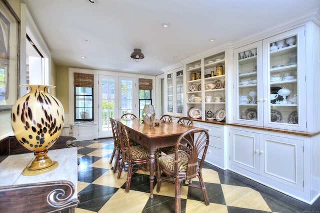 2683 Bronson Rd, Fairfield, CT 06824 - dining room with french doors, recessed lighting, and ornamental molding