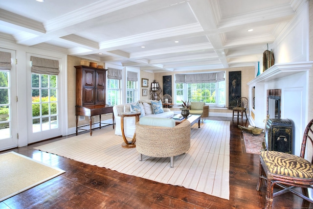2683 Bronson Rd, Fairfield, CT 06824 - living area featuring hardwood / wood-style flooring, coffered ceiling, beam ceiling, healthy amount of natural light, and ornamental molding