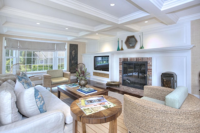 2683 Bronson Rd, Fairfield, CT 06824 - living area with a brick fireplace, crown molding, beamed ceiling, coffered ceiling, and recessed lighting