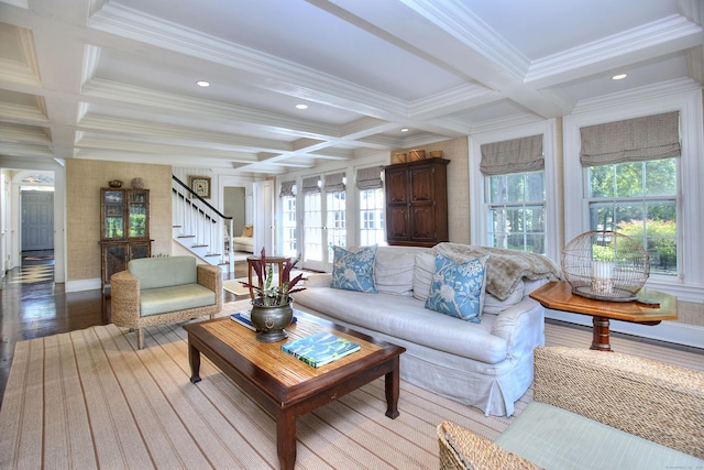 2683 Bronson Rd, Fairfield, CT 06824 - living room with coffered ceiling, stairs, beamed ceiling, ornamental molding, and light wood-type flooring