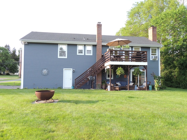 175 Cross Hill Rd, Monroe, CT 06468 - back of property with stairs, a deck, a lawn, a chimney, and cooling unit
