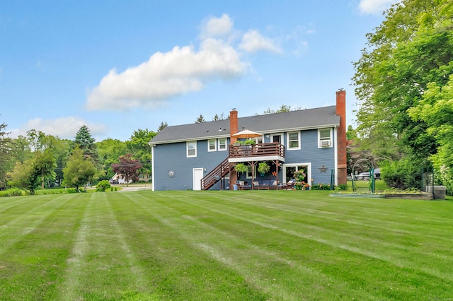 175 Cross Hill Rd, Monroe, CT 06468 - back of property with stairway, a wooden deck, a yard, and a chimney