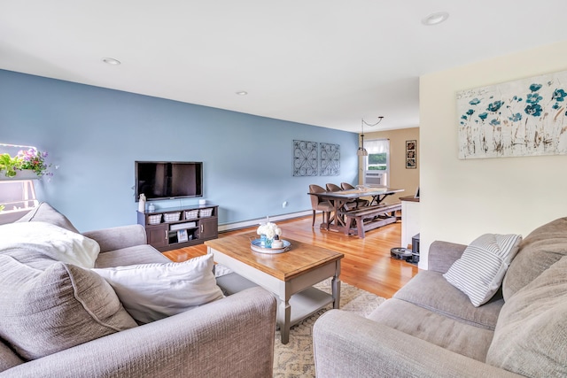 175 Cross Hill Rd, Monroe, CT 06468 - living room with light wood-type flooring, baseboard heating, and recessed lighting