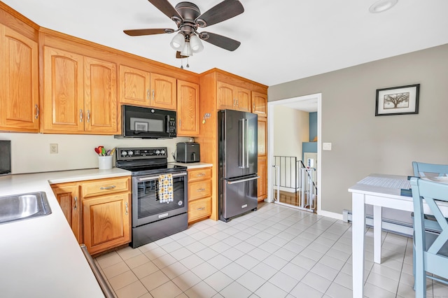 175 Cross Hill Rd, Monroe, CT 06468 - kitchen featuring black microwave, high end refrigerator, stainless steel range with electric cooktop, light countertops, and ceiling fan