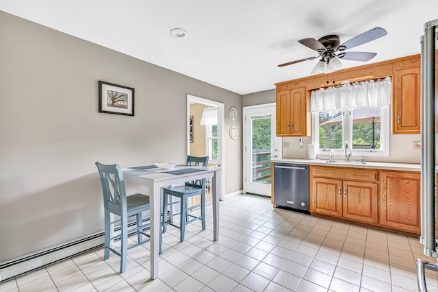 175 Cross Hill Rd, Monroe, CT 06468 - kitchen with dishwasher, a ceiling fan, light countertops, a sink, and light tile patterned floors