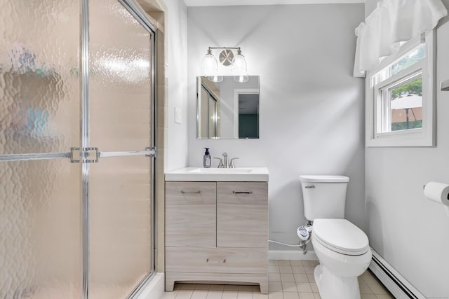 175 Cross Hill Rd, Monroe, CT 06468 - bathroom with a baseboard heating unit, toilet, vanity, and a shower stall