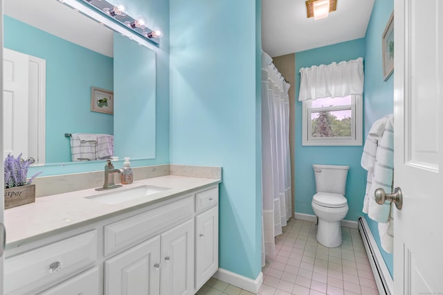 175 Cross Hill Rd, Monroe, CT 06468 - bathroom featuring a baseboard heating unit, vanity, toilet, tile patterned flooring, and a shower with curtain