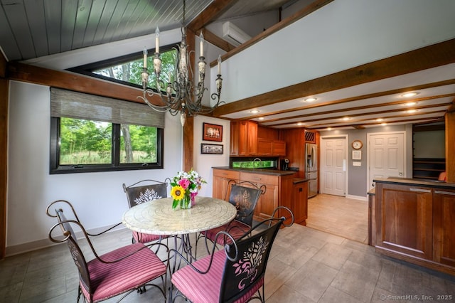 94 Boston Post Rd, Madison, CT 06443 - dining room featuring a chandelier, baseboards, recessed lighting, and a wall mounted AC