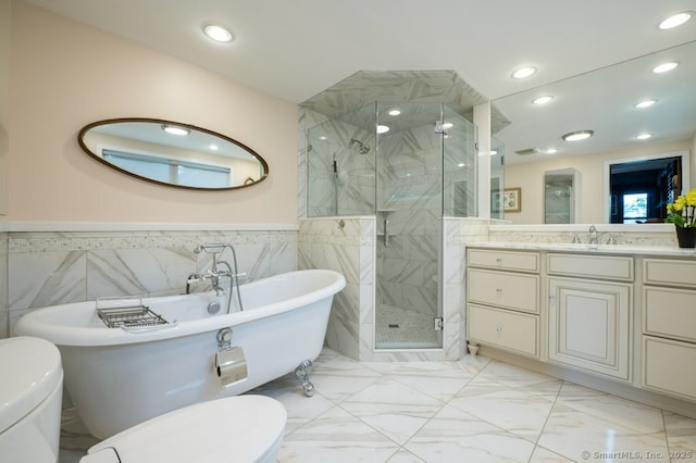 94 Boston Post Rd, Madison, CT 06443 - full bath featuring a marble finish shower, a freestanding bath, vanity, marble finish flooring, and toilet