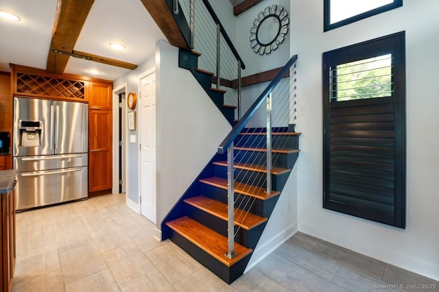 94 Boston Post Rd, Madison, CT 06443 - staircase with beamed ceiling, recessed lighting, and baseboards