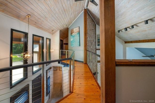 94 Boston Post Rd, Madison, CT 06443 - hallway with light wood-type flooring, wood ceiling, lofted ceiling, an upstairs landing, and healthy amount of natural light