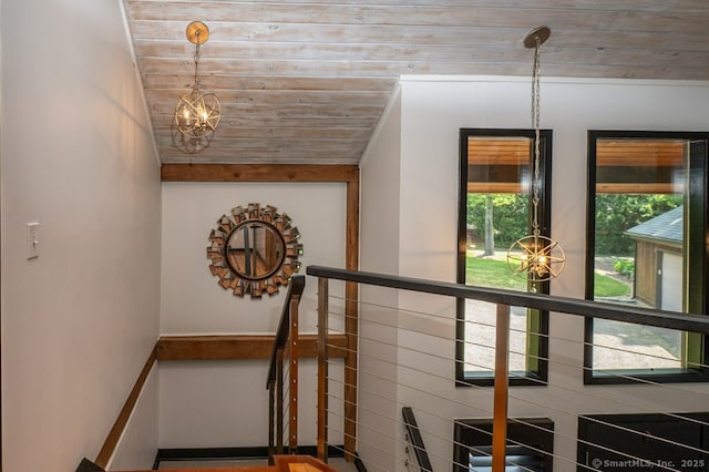 94 Boston Post Rd, Madison, CT 06443 - stairway with a chandelier and wood ceiling