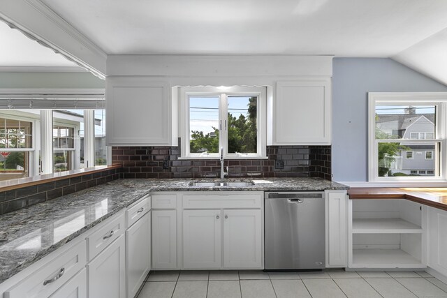 290 Neck Rd, Madison, CT 06443 - kitchen with dishwasher, a sink, decorative backsplash, white cabinetry, and plenty of natural light