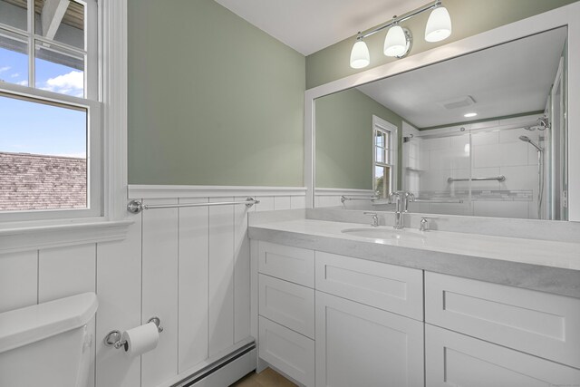 290 Neck Rd, Madison, CT 06443 - bathroom with toilet, an enclosed shower, vanity, and wainscoting