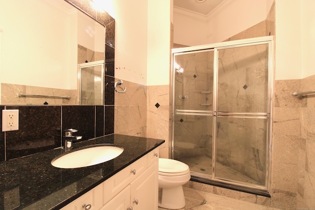 11 Pheasant Ridge Rd, Newtown, CT 06470 - bathroom featuring crown molding, tile walls, vanity, a shower stall, and wainscoting