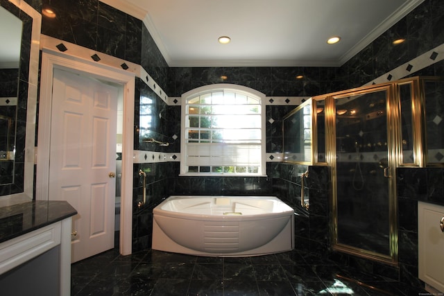 11 Pheasant Ridge Rd, Newtown, CT 06470 - bathroom with ornamental molding, tile walls, marble tiled floors, a bath, and a stall shower
